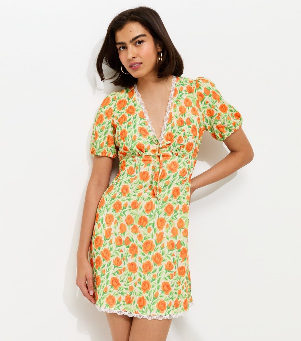 New Look Women's Cream Floral Print Lace Trim Mini Dress New Look