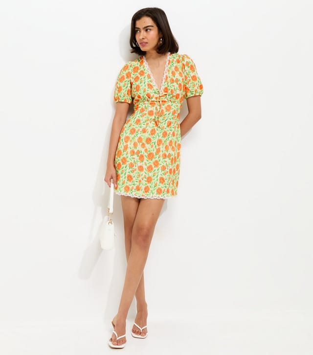 New Look Women's Cream Floral Print Lace Trim Mini Dress New Look - 3
