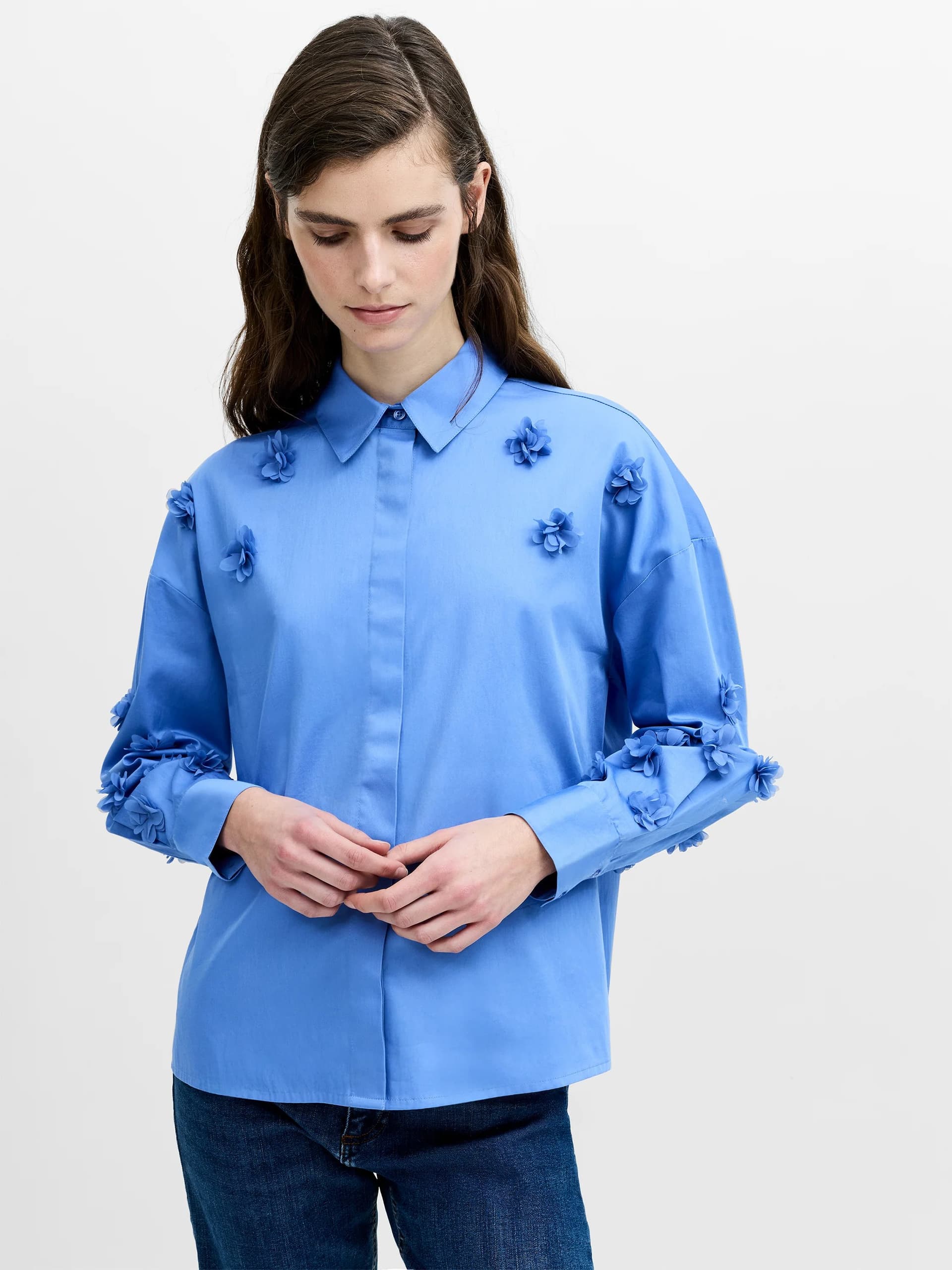 French Connection Alexis Cotton Blue 3D Floral Long Sleeve Shirt Light Cornflower Blue