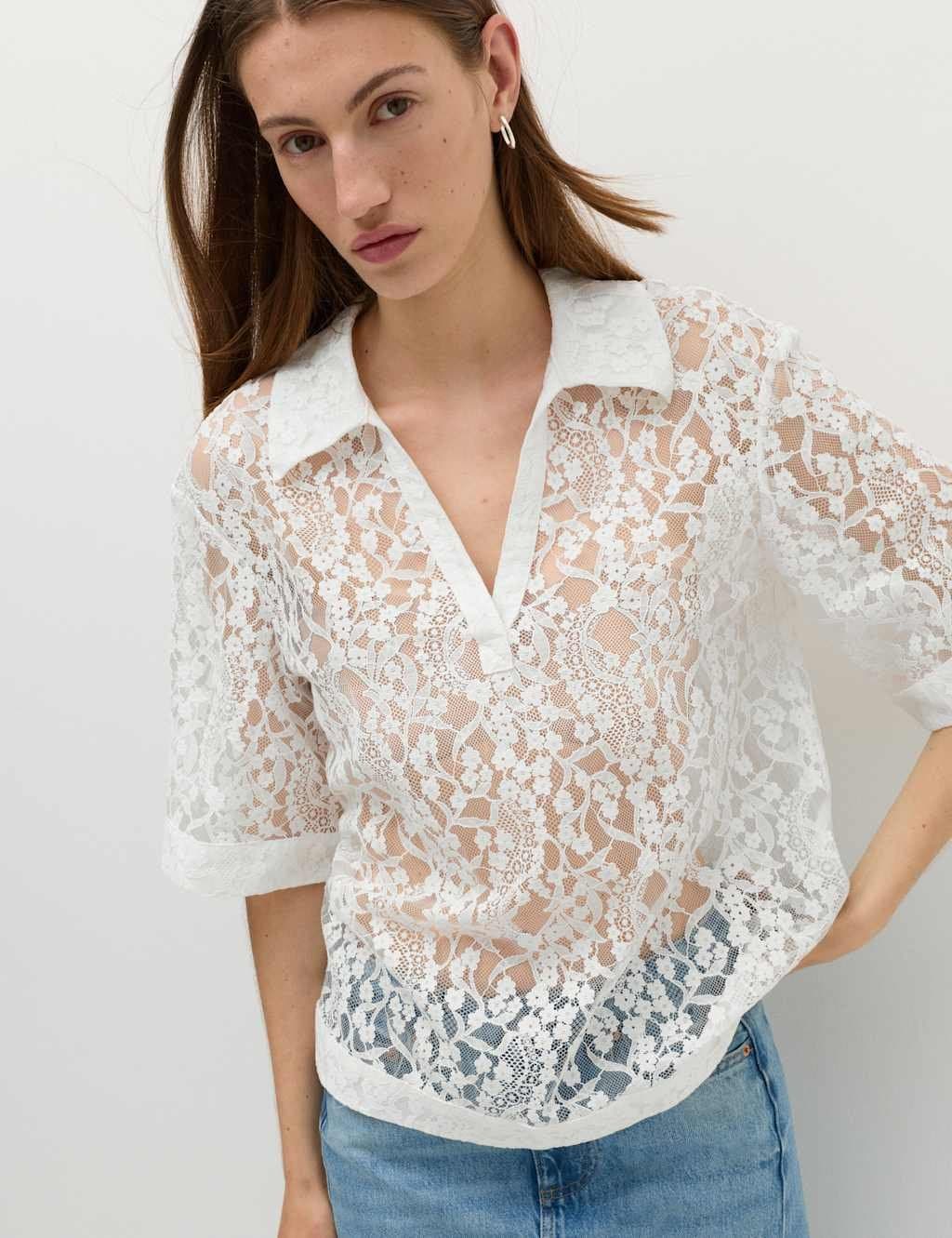 Marks & Spencer M&S Cotton Blend Lace Collared Top Soft White