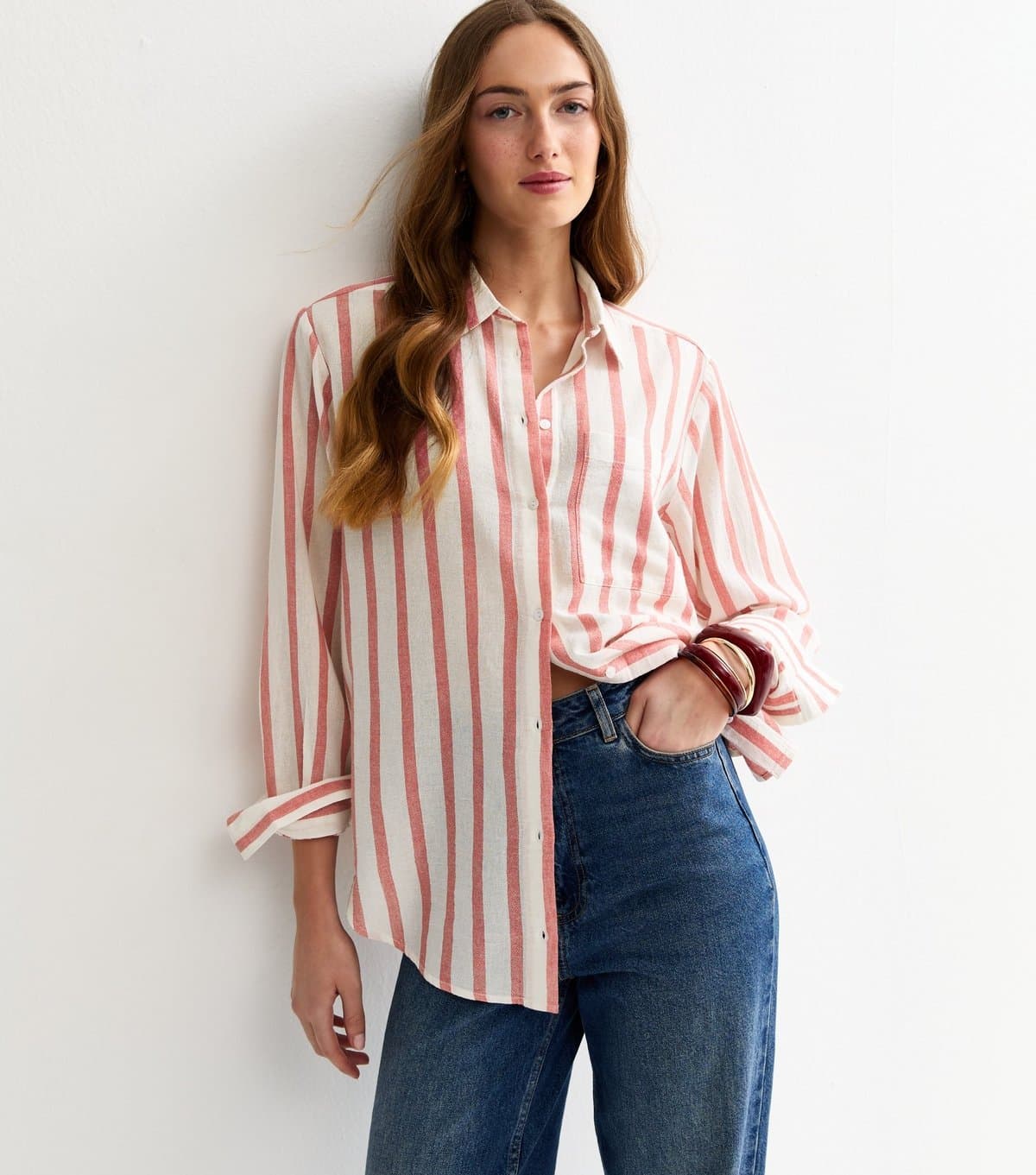 New Look Women's Tall Pink Cotton Striped Long Sleeve Shirt New Look