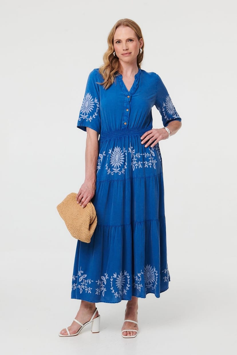 Izabel London Izabel London Women's Embroidered Tiered 1/2 Sleeve Midi Dress in Blue - 1