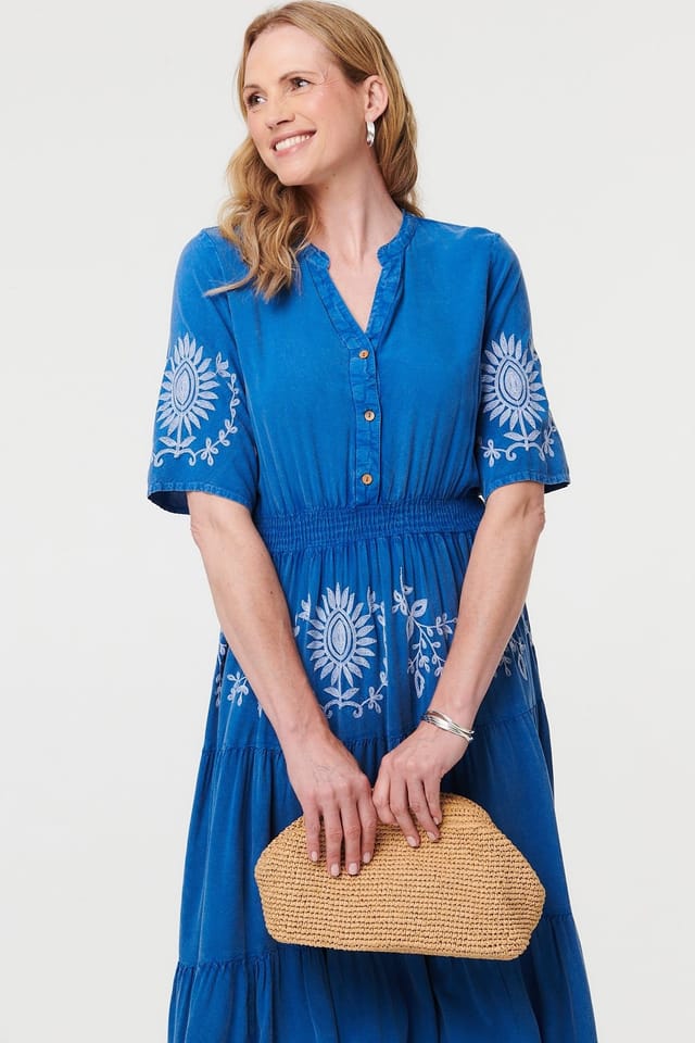 Izabel London Izabel London Women's Embroidered Tiered 1/2 Sleeve Midi Dress in Blue - 2