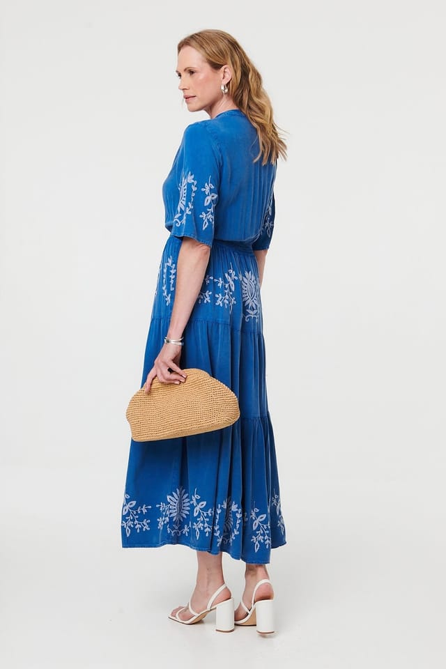 Izabel London Izabel London Women's Embroidered Tiered 1/2 Sleeve Midi Dress in Blue - 3