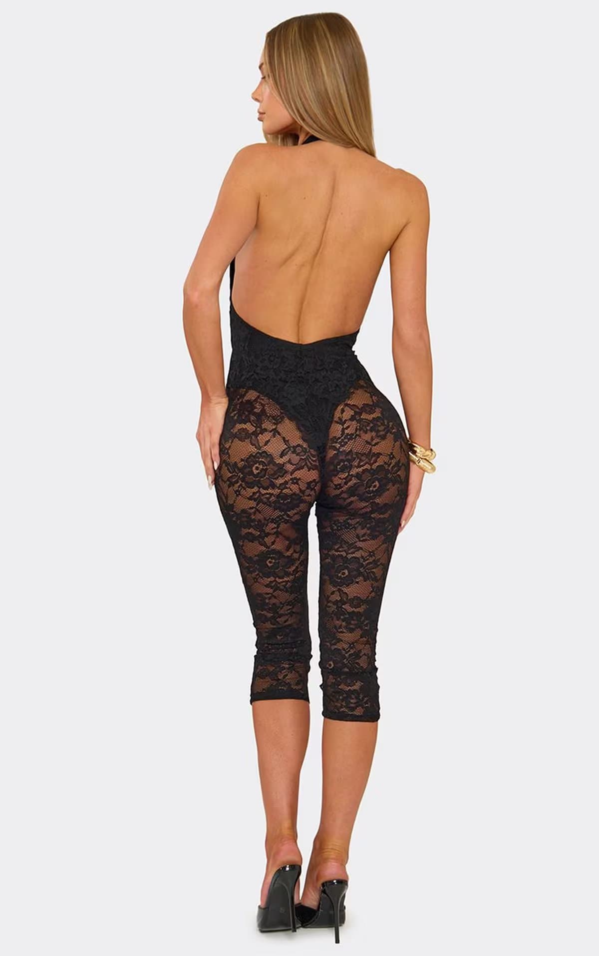 EGO Plunge Front Open Back Bodysuit Insert Capri Jumpsuit In Black Lace, Women's Size UK 6