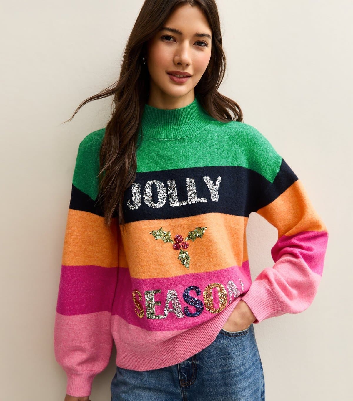 Sunshine Soul Women's Multicoloured Sequinned Jolly Season Christmas Jumper Sunshine Soul New Look