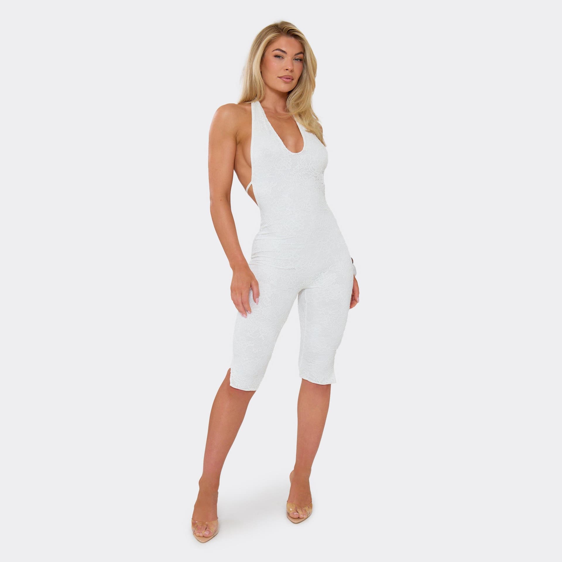 EGO Halterneck Open Back Capri Jumpsuit In White, Women's Size UK 6