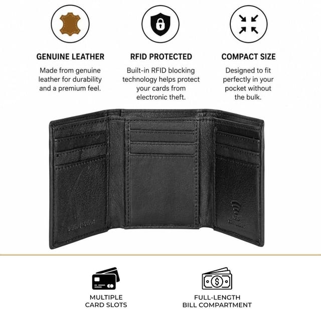 Woodland Leathers Woodland Leathers Men's Men's Genuine Leather RFID Trifold Wallet in Black - 3