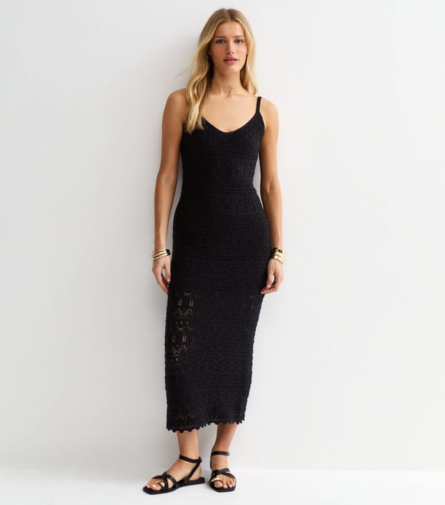 New Look Women's Black Cotton Rich Open Knit V-Neck Midi Dress New Look - 3