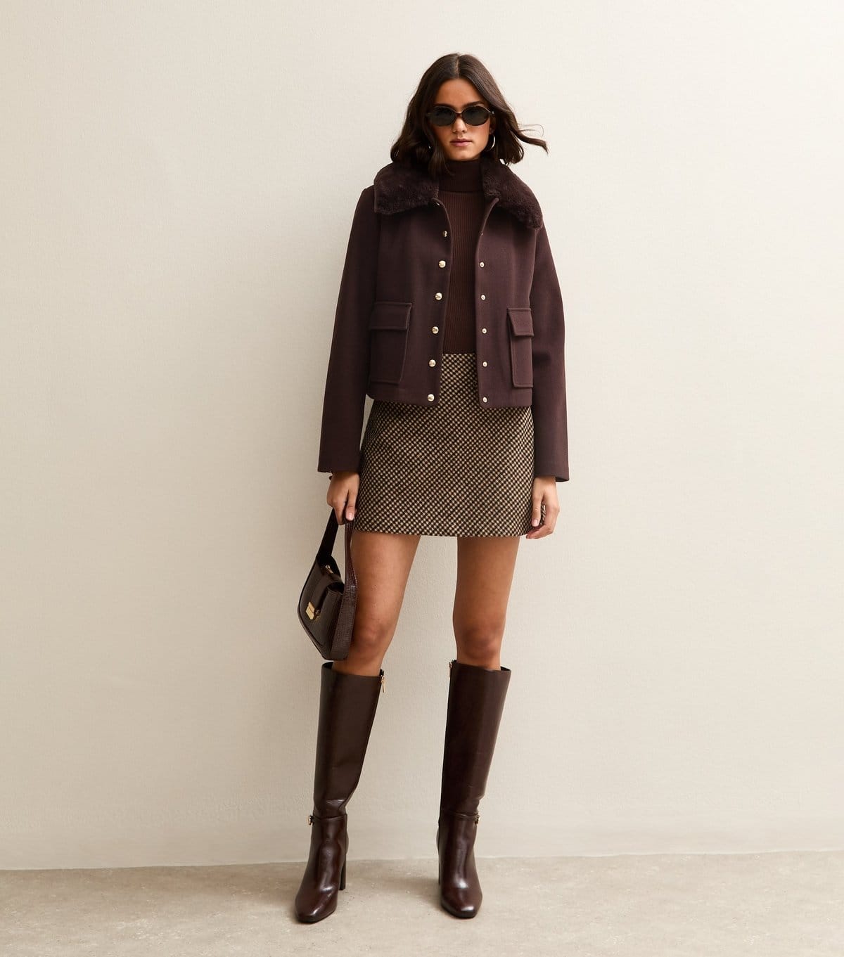 New Look Women's Dark Brown Faux Fur Collar Short Shacket New Look - 4