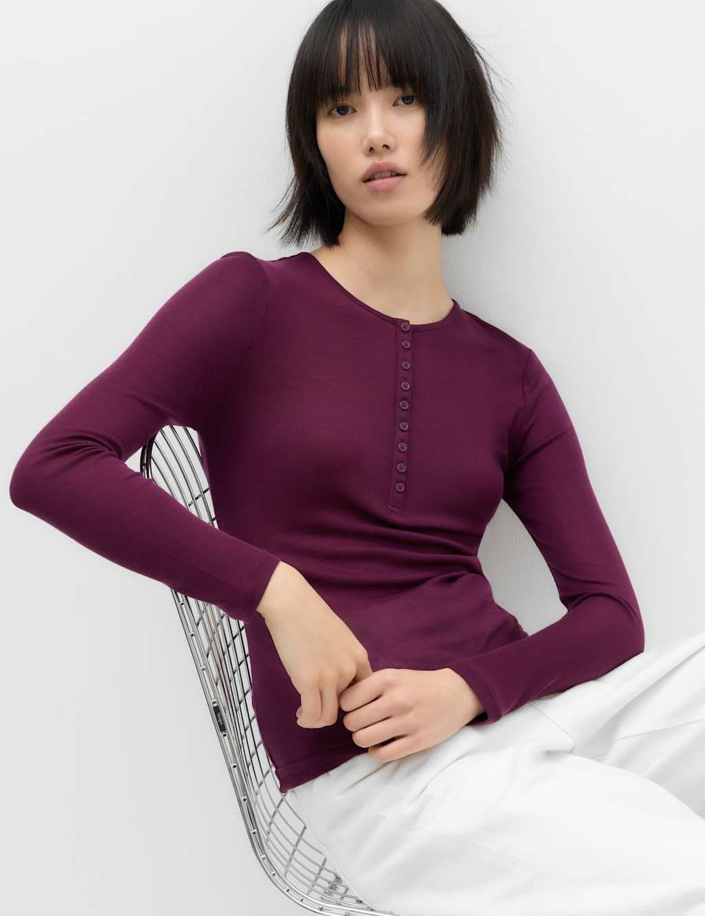 Marks & Spencer M&S Lyocell Rich Henley Top with Wool Dark Mulberry