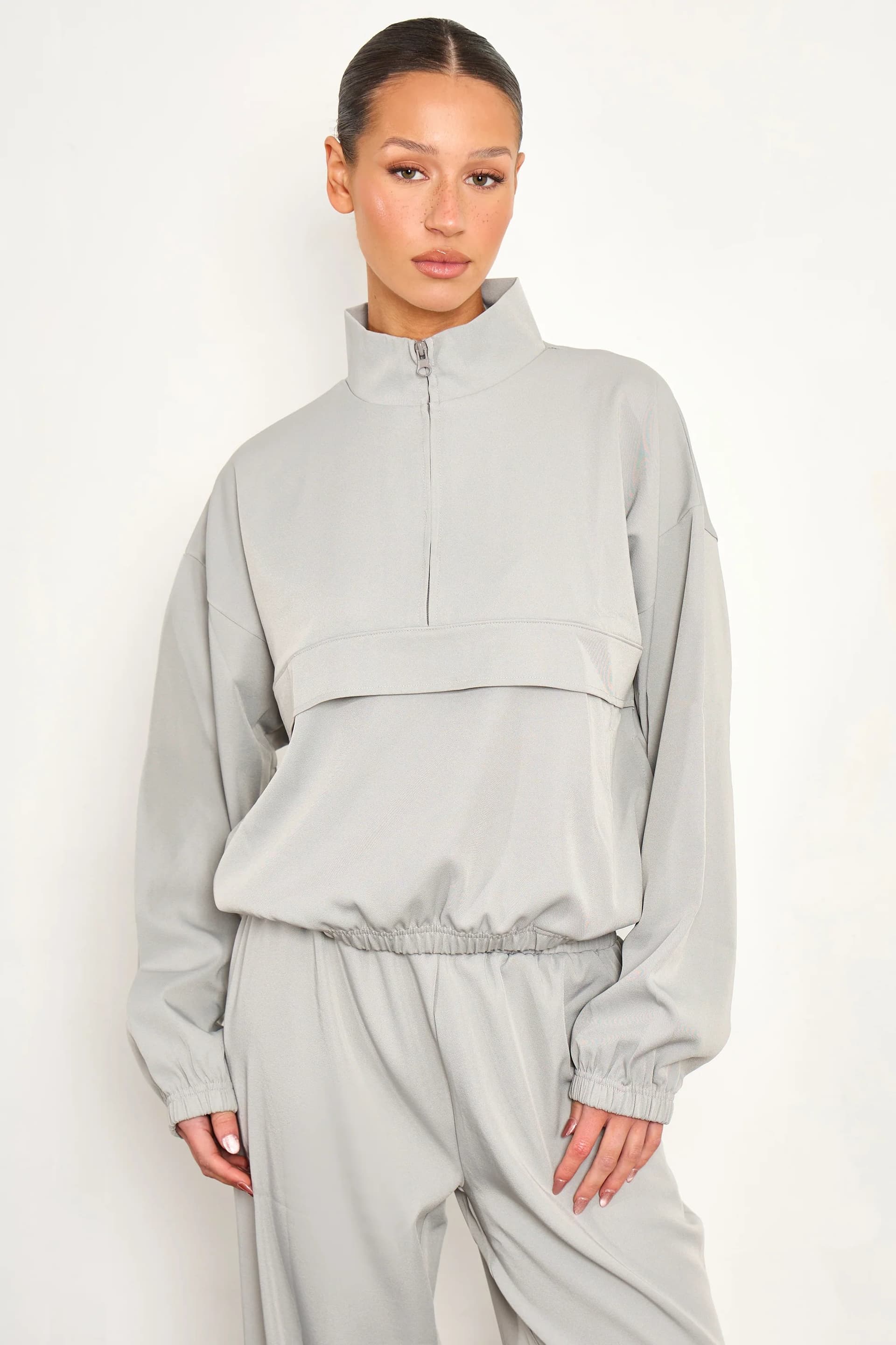 Kaiia Kaiia Woven Funnel Neck Quarter Zip Jacket Grey Blue