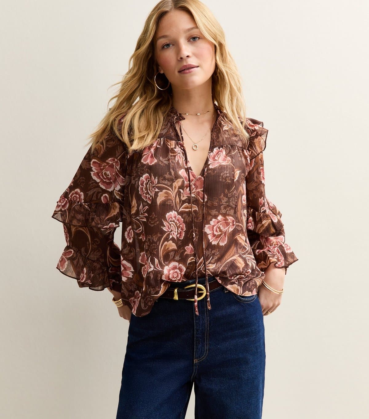 New Look Women's Brown Floral Frilly Flared Sleeve Blouse New Look