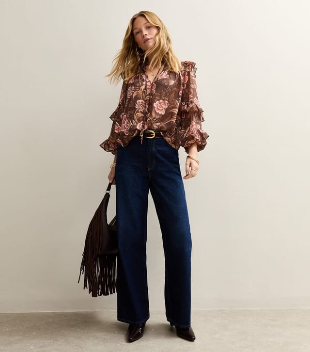 New Look Women's Brown Floral Frilly Flared Sleeve Blouse New Look - 2