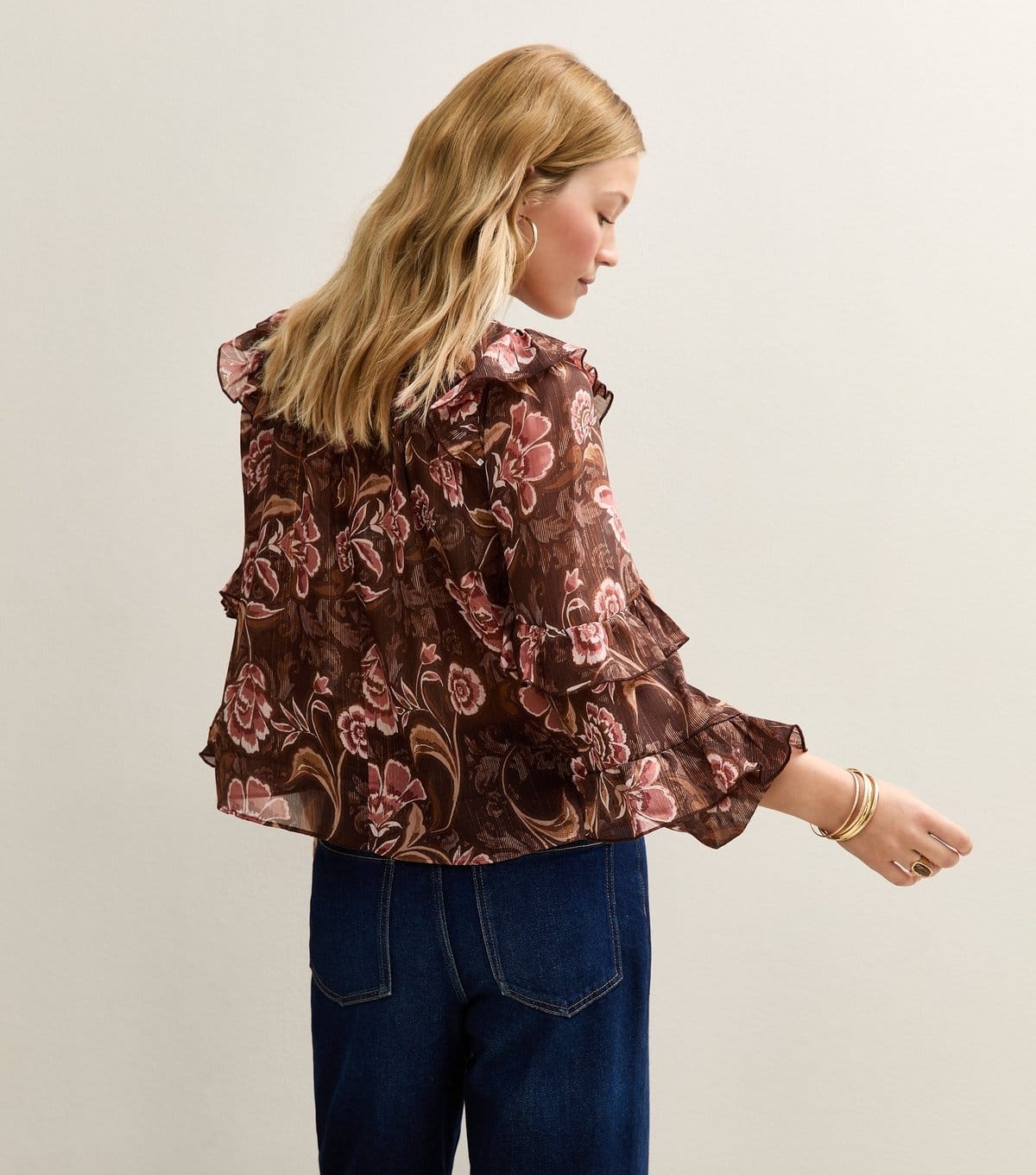 New Look Women's Brown Floral Frilly Flared Sleeve Blouse New Look - 4