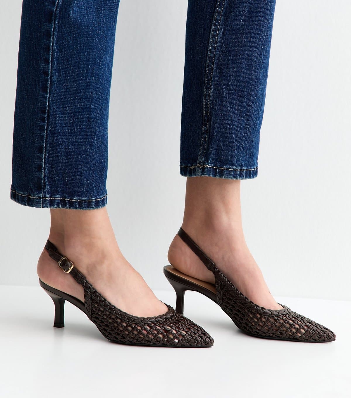 New Look Women's Dark Brown Faux Leather Woven Slingback Pumps Vegan New Look