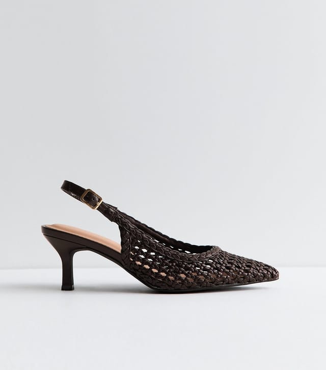 New Look Women's Dark Brown Faux Leather Woven Slingback Pumps Vegan New Look - 2