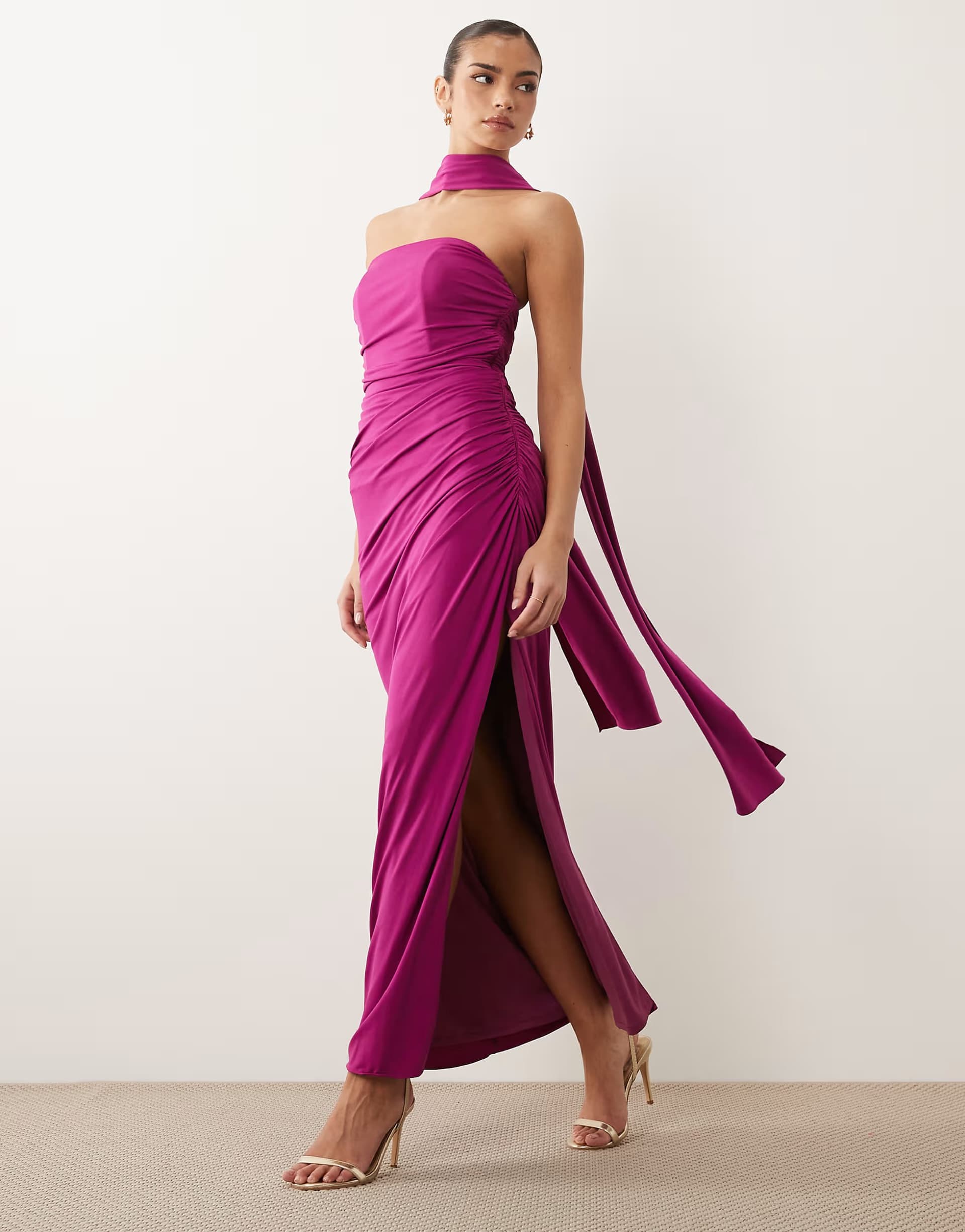 ASOS TFNC slinky bandeau ruched maxi dress with scarf in fuchsia