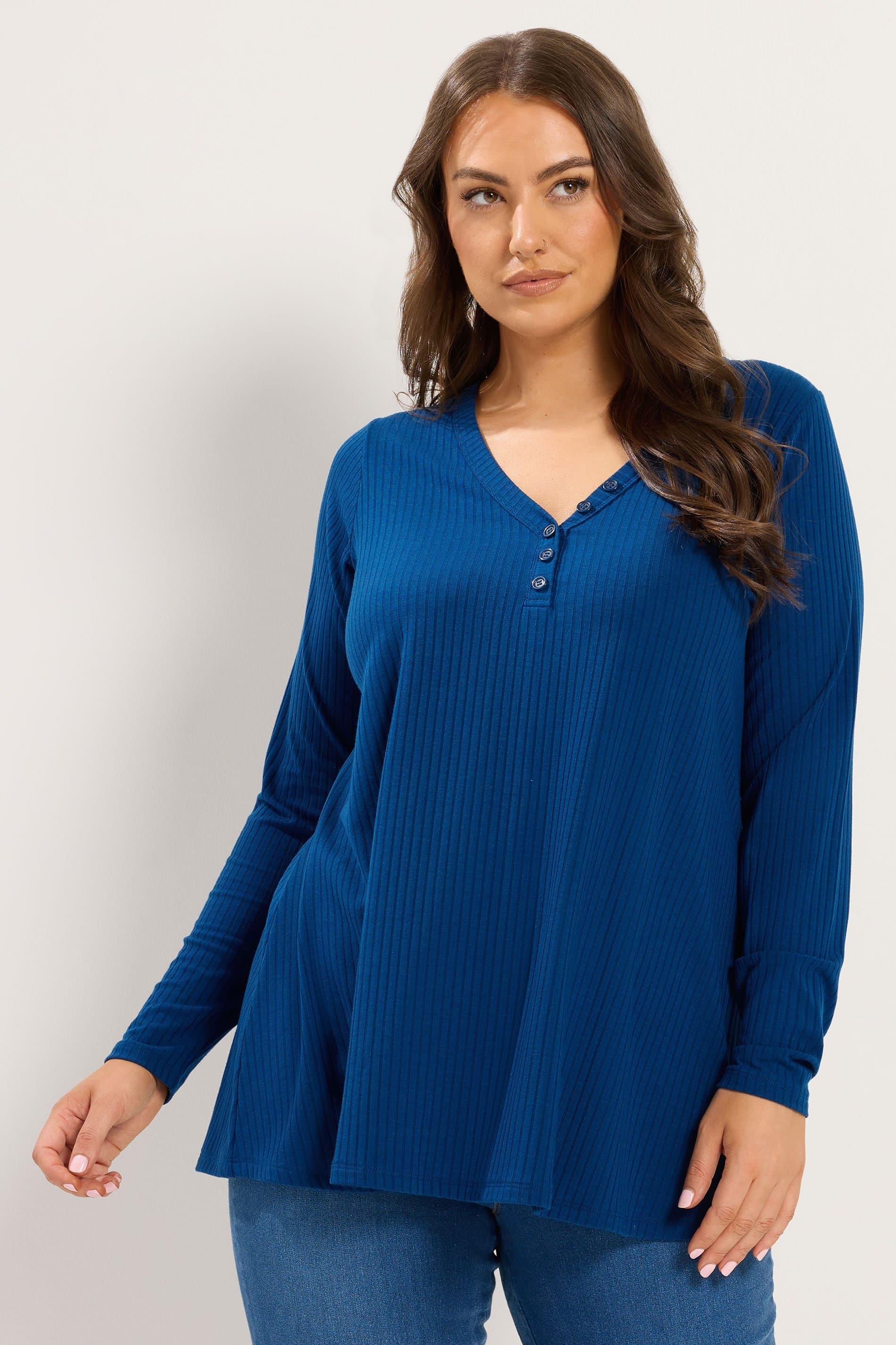 Yours Plus Size Blue Henley Ribbed Swing Top