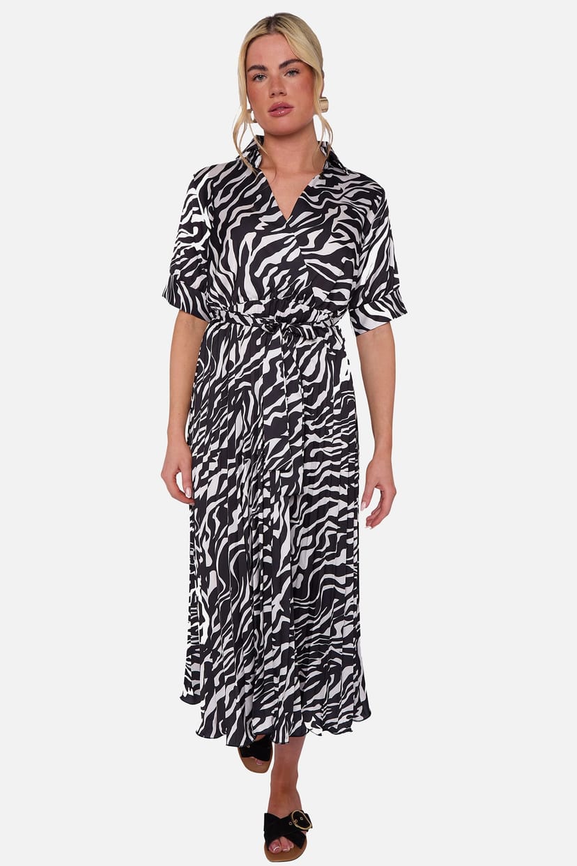 Gini London Gini London Women's Black Zebra Pleated Belted Wrap Midi Dress - 1