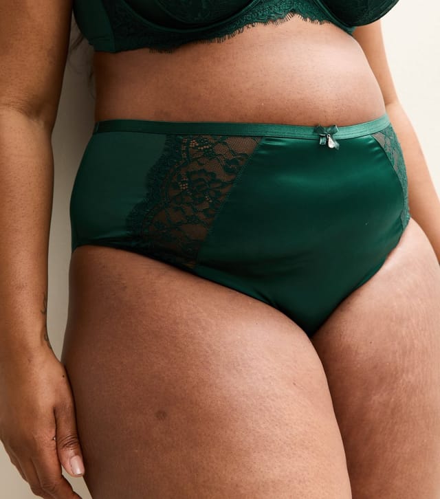 New Look Women's Plus Size Dark Green Floral Panelled Satin Brazilian Briefs Curves New Look - 2