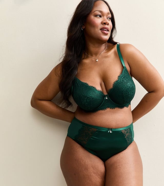New Look Women's Plus Size Dark Green Floral Panelled Satin Brazilian Briefs Curves New Look - 3