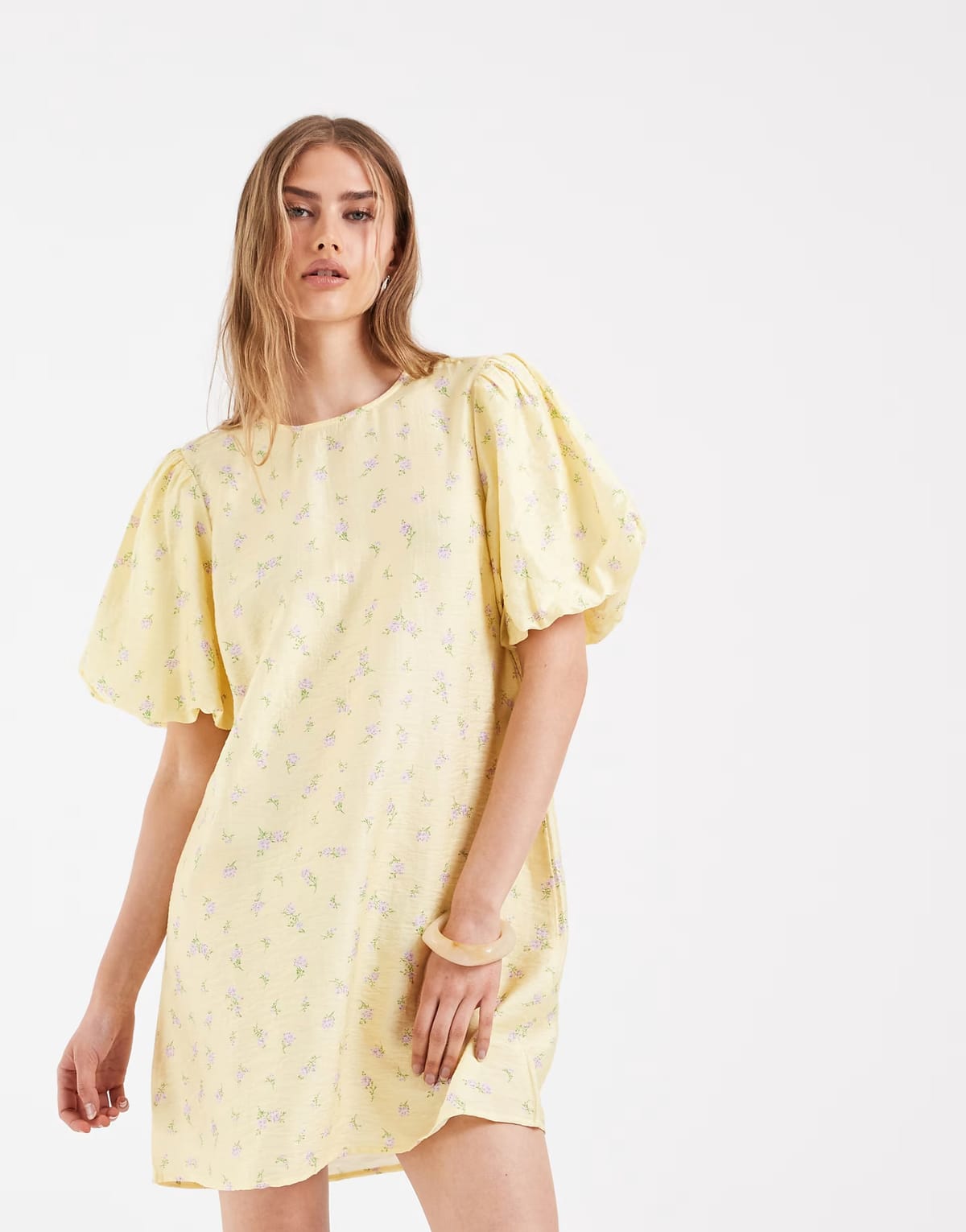 ASOS Pieces volume sleeve bow back mini shift dress in yellow ditsy floral print - 1