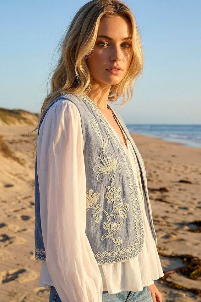 Dusk Dusk Women's Floral Embroidered Waistcoat in Light Blue - 2