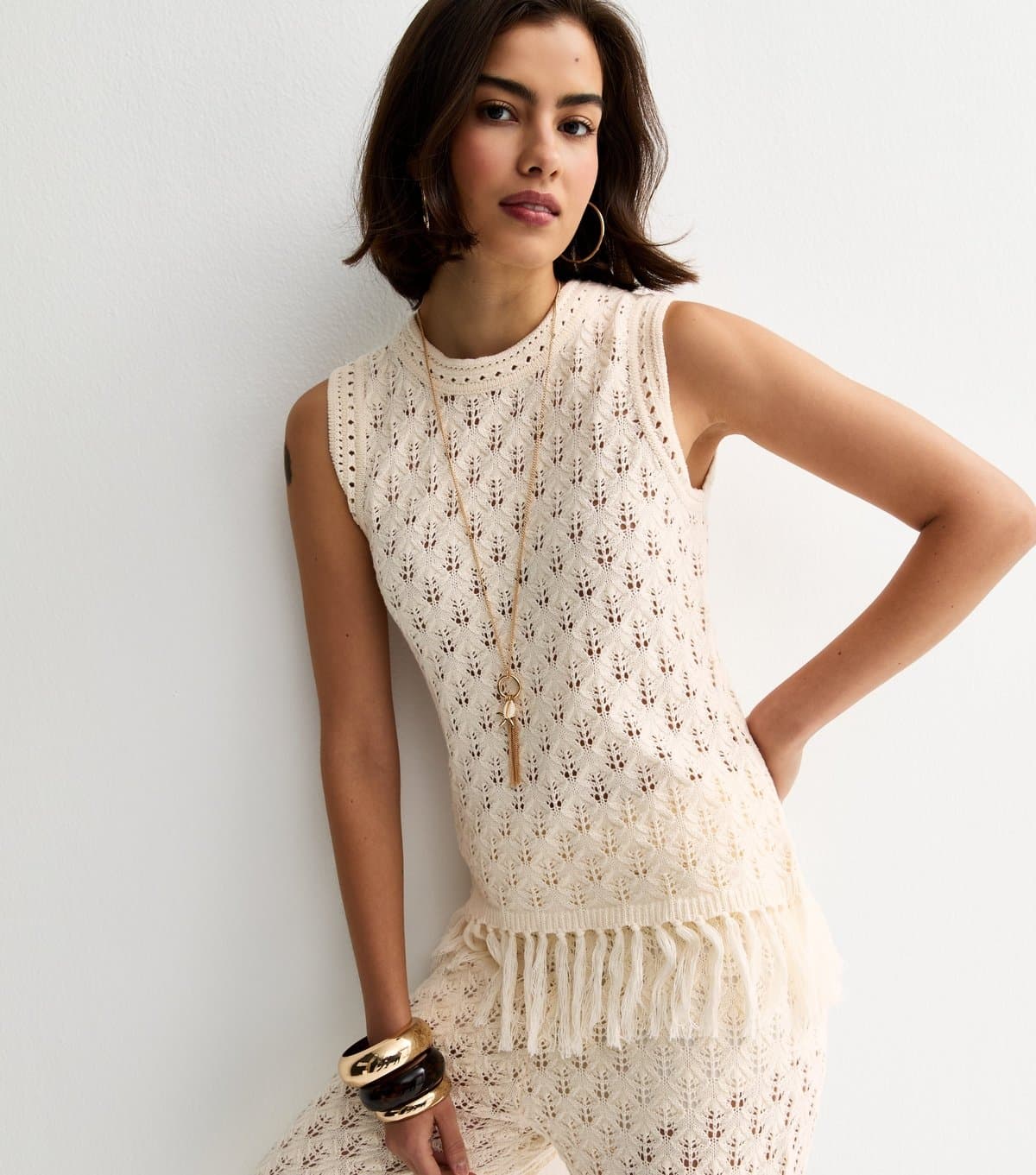 New Look Women's Cream Cotton Rich Patterned Longline Tassel Vest New Look