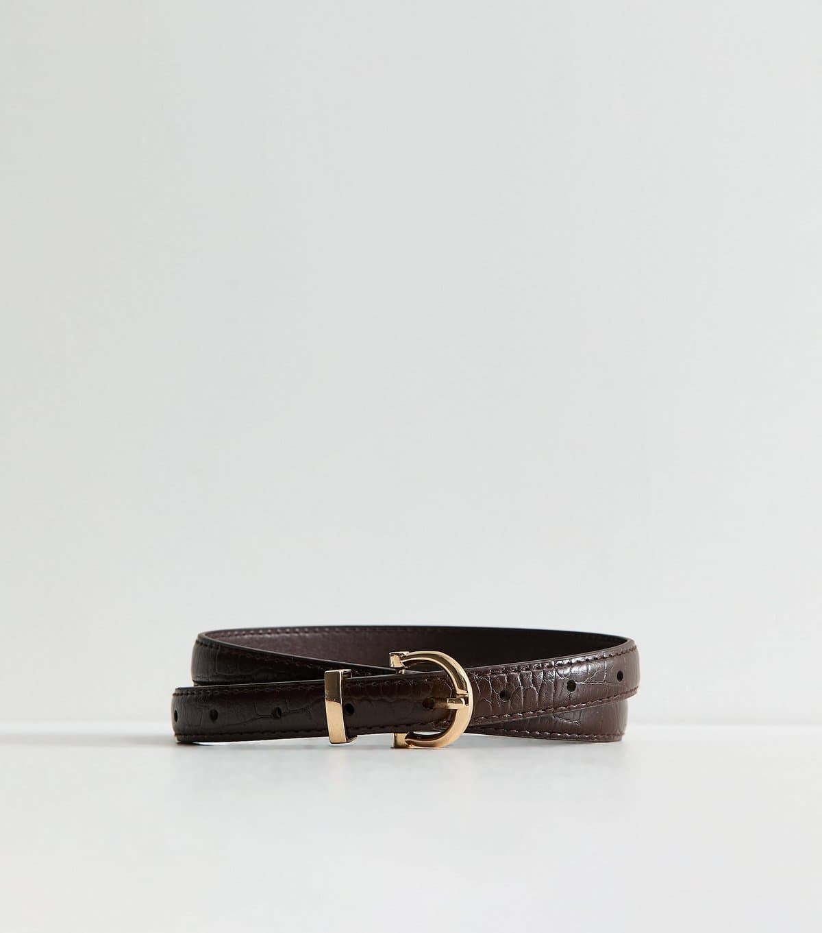 New Look Dark Brown Faux Leather Croc Embossed Skinny Belt New Look
