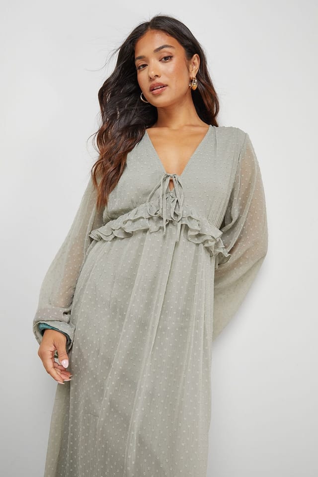Warehouse Warehouse Women's Petite Dobby Chiffon Plunge Neck Ruffle Midi Smock Dress in Khaki - 2