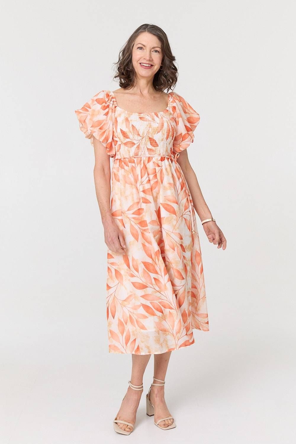 Izabel London Izabel London Women's Leaf Print Short Puff Sleeve Midi Dress in Orange - 2