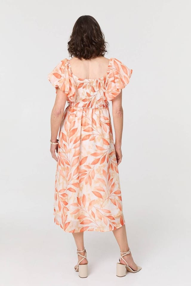 Izabel London Izabel London Women's Leaf Print Short Puff Sleeve Midi Dress in Orange - 3