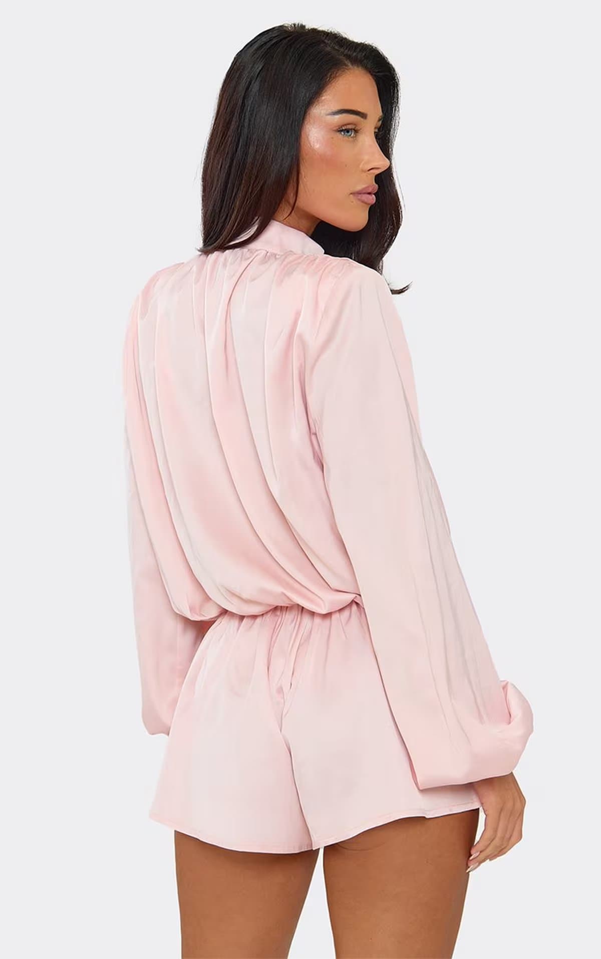 EGO Long Sleeve Funnel Neck Ruched Shoulder Playsuit In Pink Satin, Women's Size UK 6