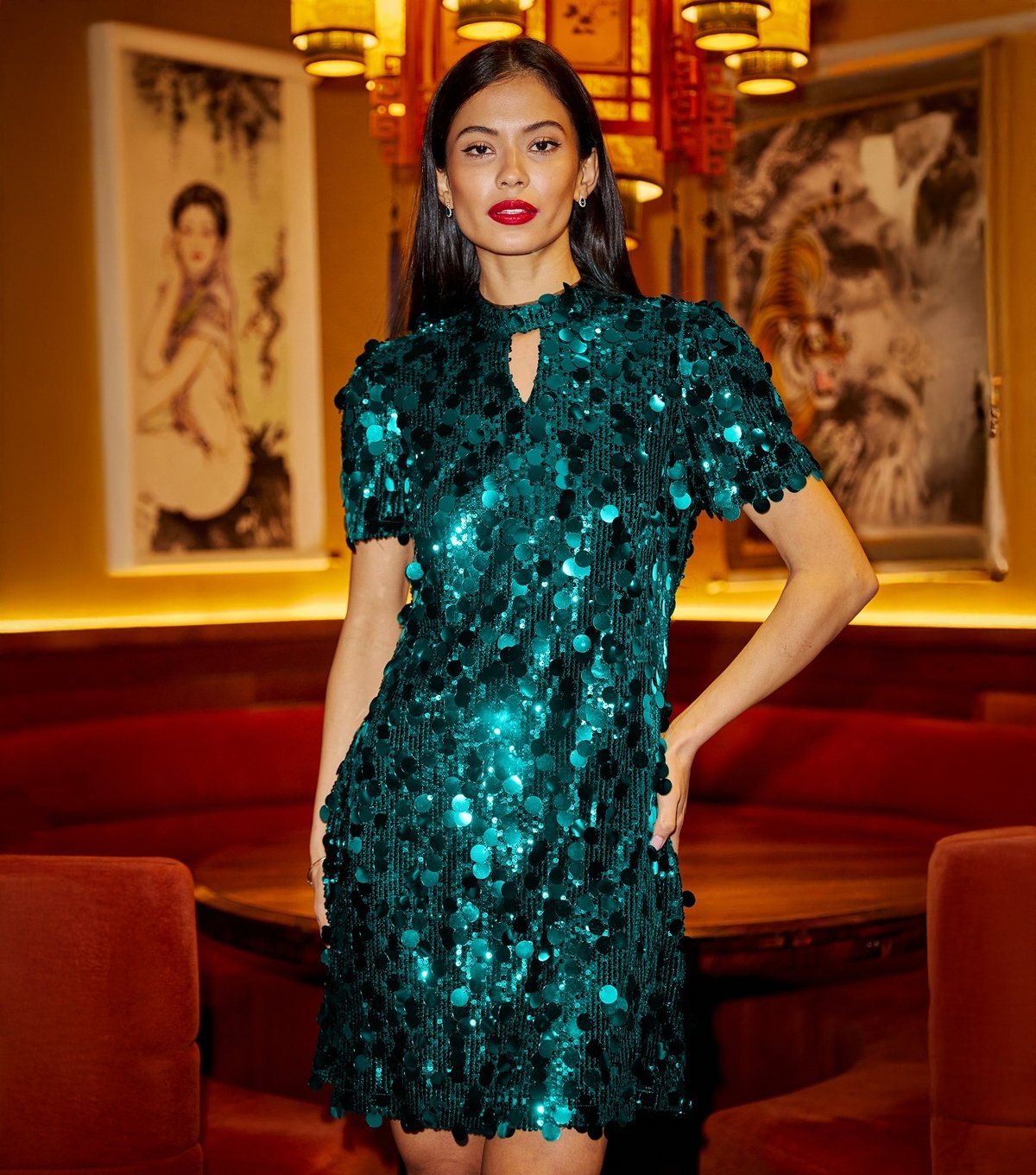 Yumi Women's Dark Green Sequin Mini Dress Yumi New Look - 4