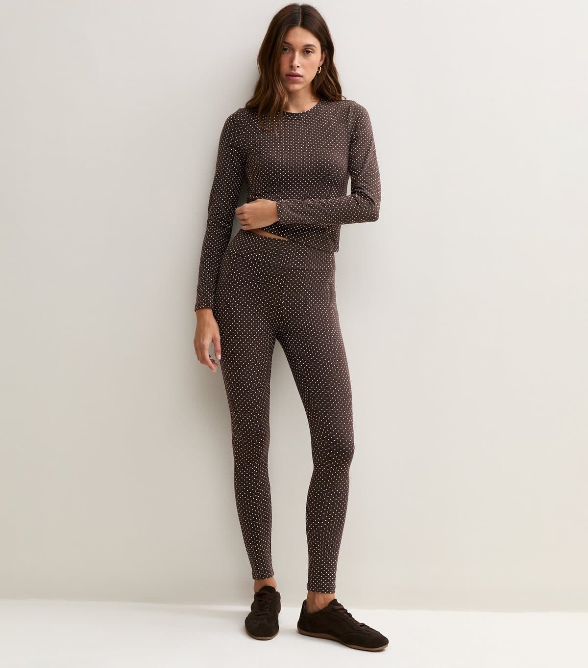 New Look Women's Brown Cotton Rich Polka Dot High Waist Leggings New Look