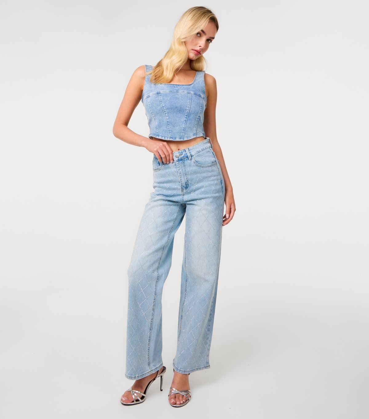Pink Vanilla Women's Light Blue Diamanté Embellished Wide Leg Jeans Pink Vanilla New Look
