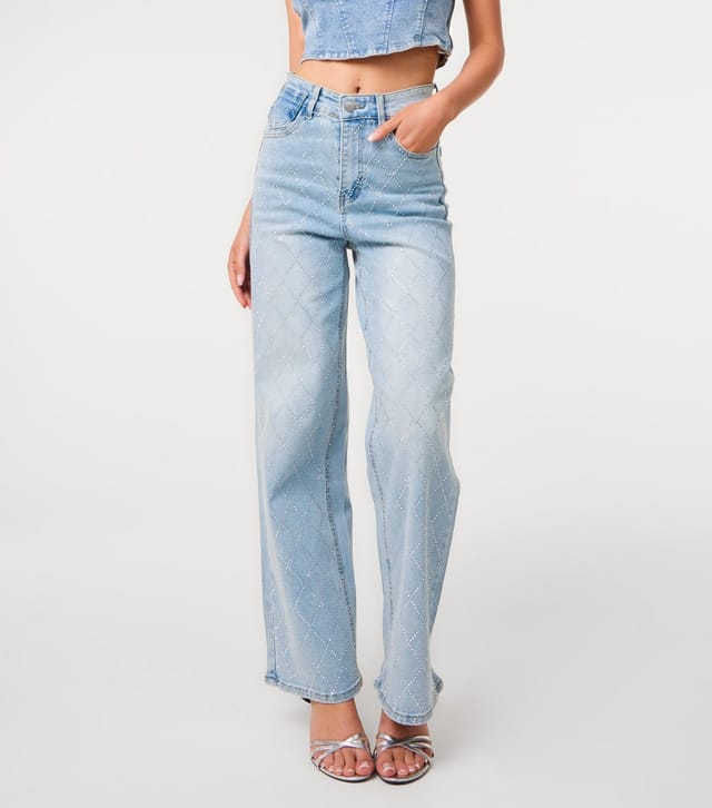 Pink Vanilla Women's Light Blue Diamanté Embellished Wide Leg Jeans Pink Vanilla New Look - 2