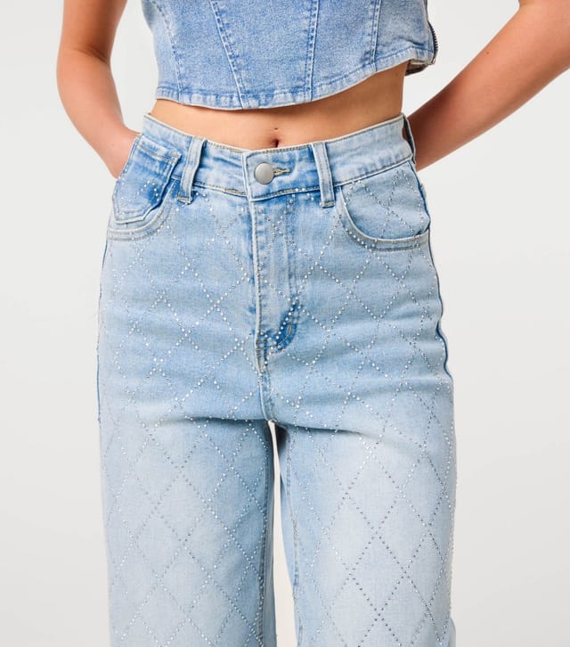 Pink Vanilla Women's Light Blue Diamanté Embellished Wide Leg Jeans Pink Vanilla New Look - 3