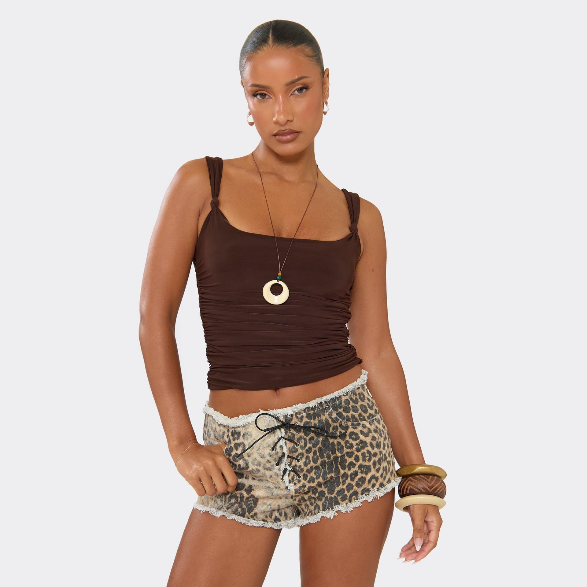 EGO Low Rise Frayed Hem Lace Up Front Shorts In Brown Leopard Print Denim, Women's Size UK 6