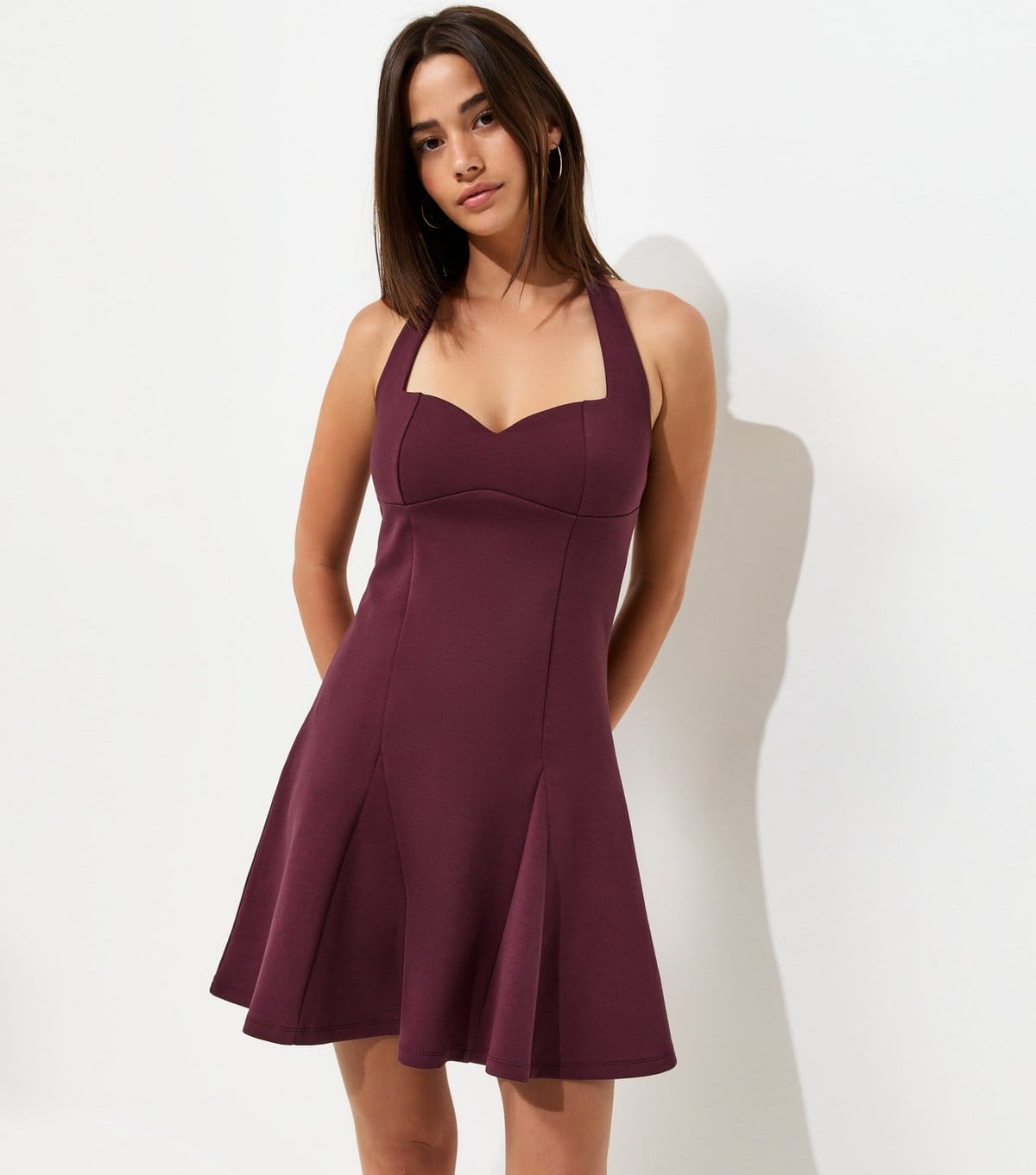 New Look Dark Burgundy Ponte Jersey Sweetheart Halter Mini Dress