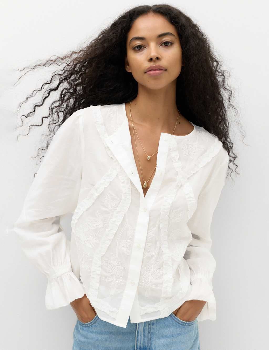 Marks & Spencer M&S Cotton Rich Embroidered Ruffle Detail Top Soft White