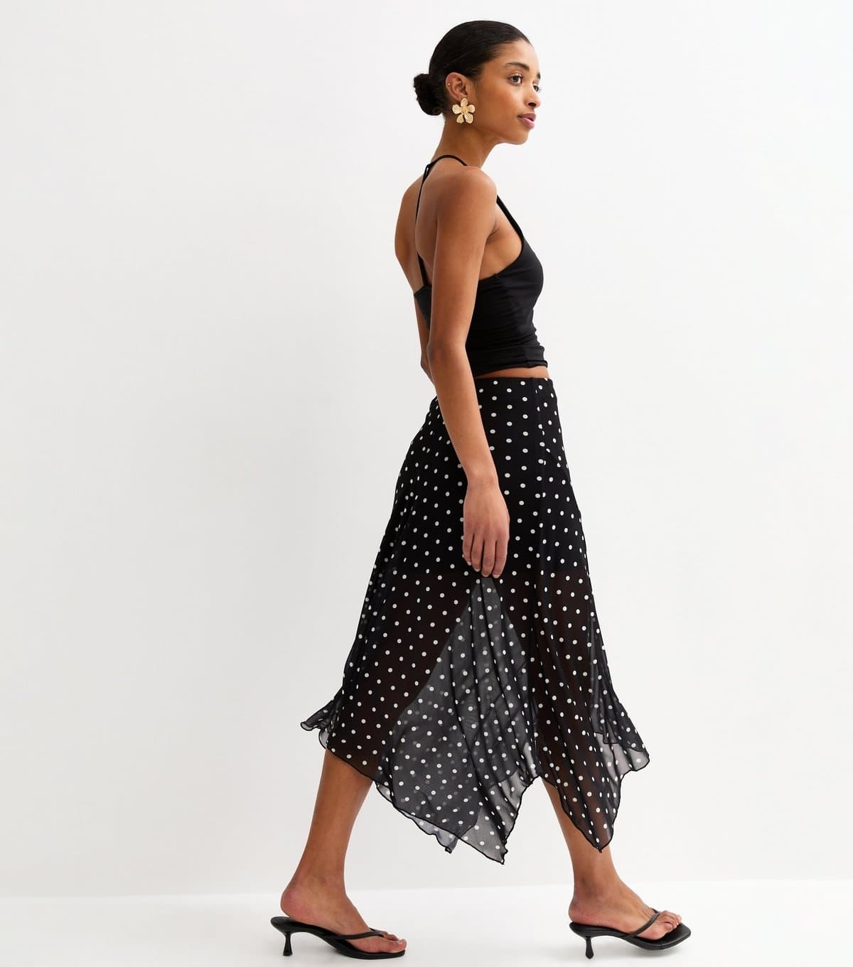 New Look Women's Black Mesh Polka Dot Hanky Hem Midi Skirt New Look
