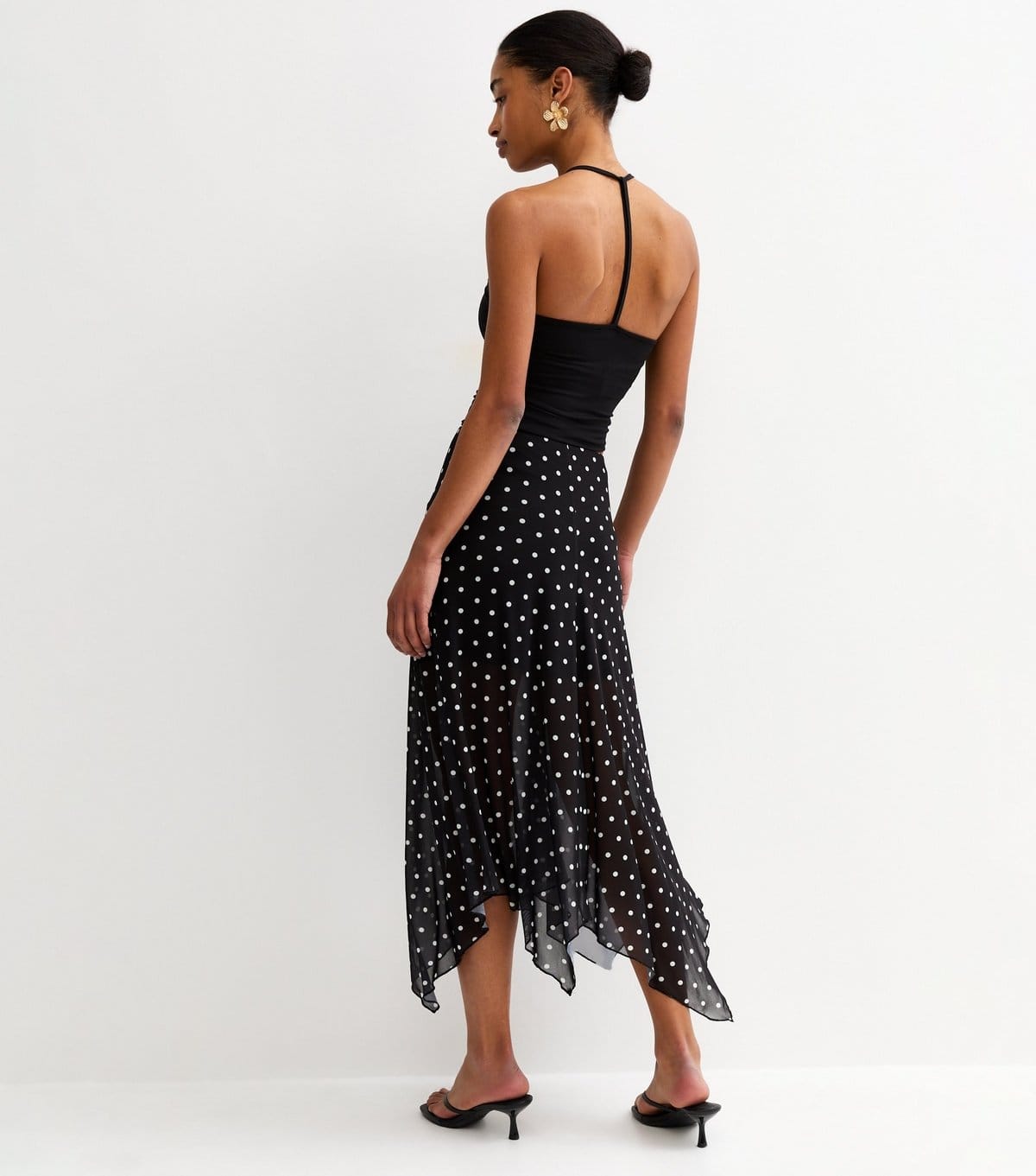 New Look Women's Black Mesh Polka Dot Hanky Hem Midi Skirt New Look - 4