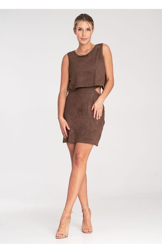 Love Lace Love Lace Women's Evening Suede Two Layer Dress With Hip Cutouts in Brown - 2