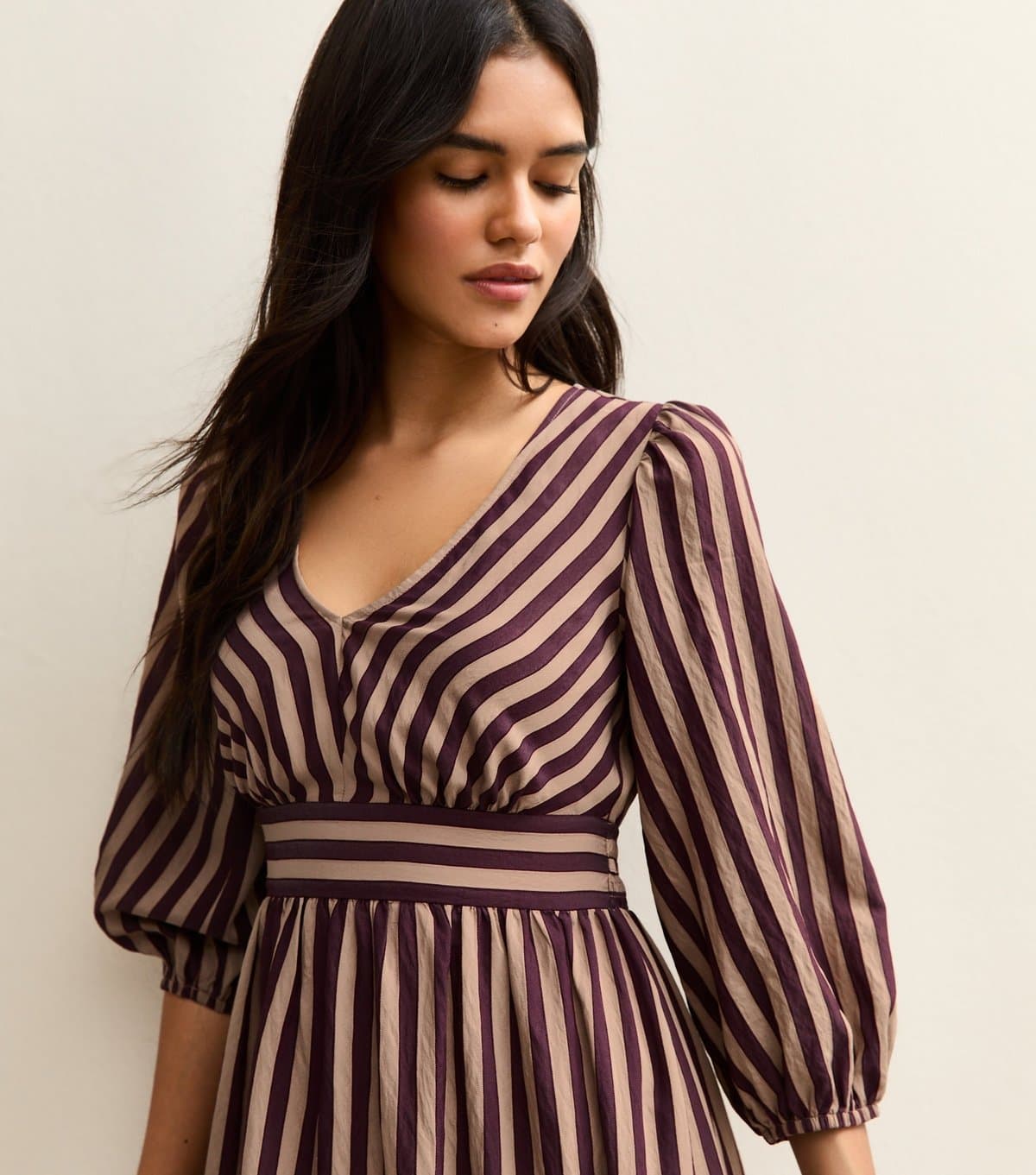 New Look Women's Burgundy Striped V-Neck Three Quarter Sleeve Midi Dress New Look
