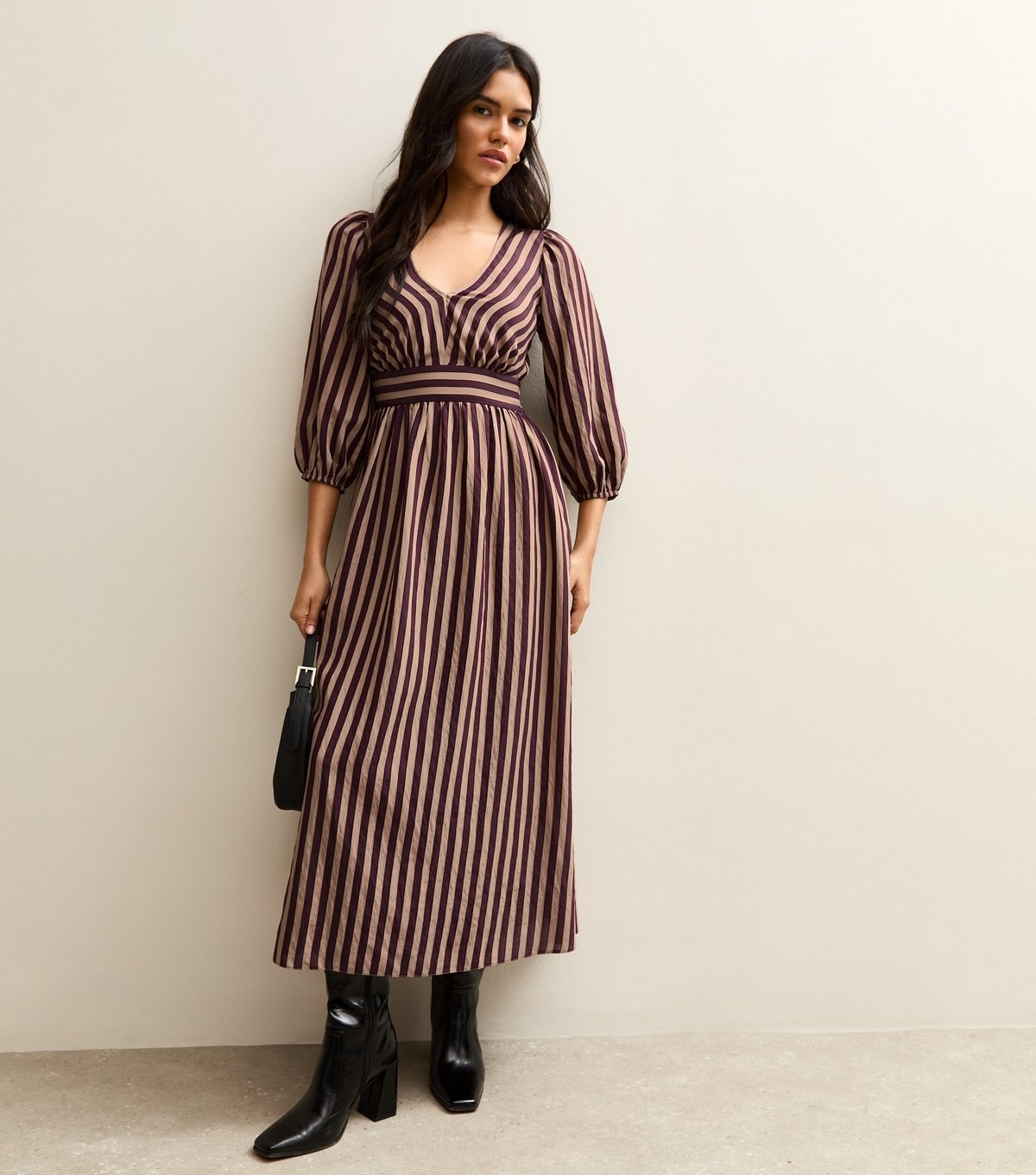 New Look Women's Burgundy Striped V-Neck Three Quarter Sleeve Midi Dress New Look - 2