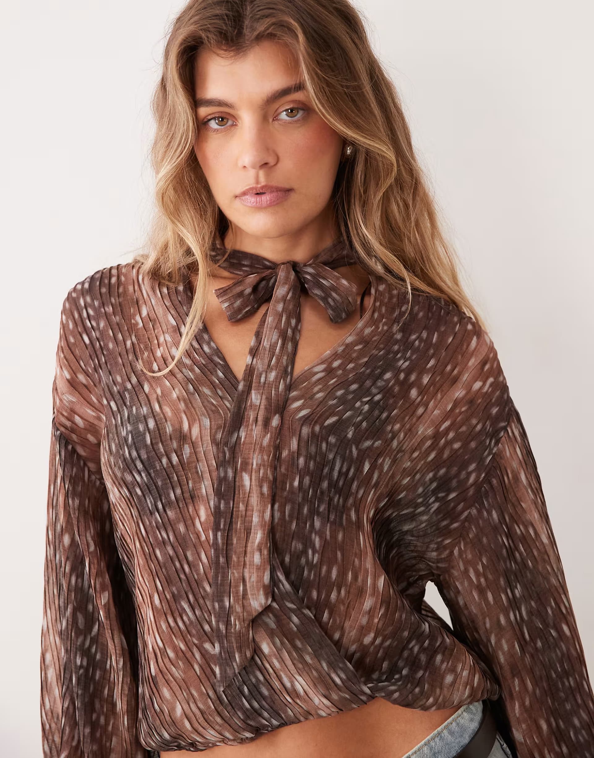 ASOS Gina Tricot long sleeve scarf blouse in brown deer print 