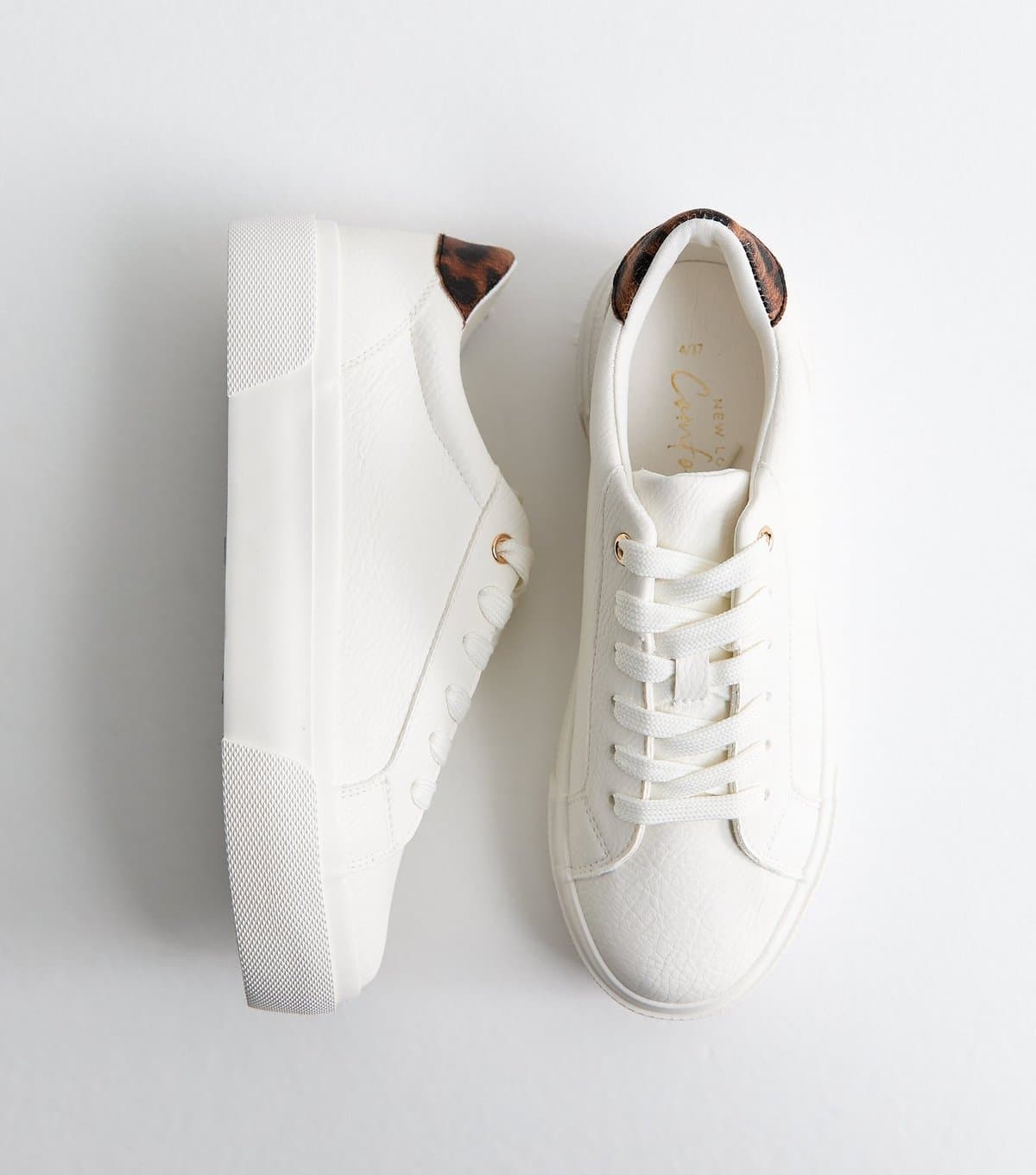 New Look Women's White Faux Leather Leopard Print Flatform Trainers Vegan New Look