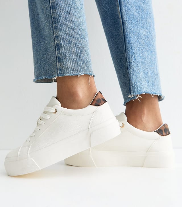 New Look Women's White Faux Leather Leopard Print Flatform Trainers Vegan New Look - 2